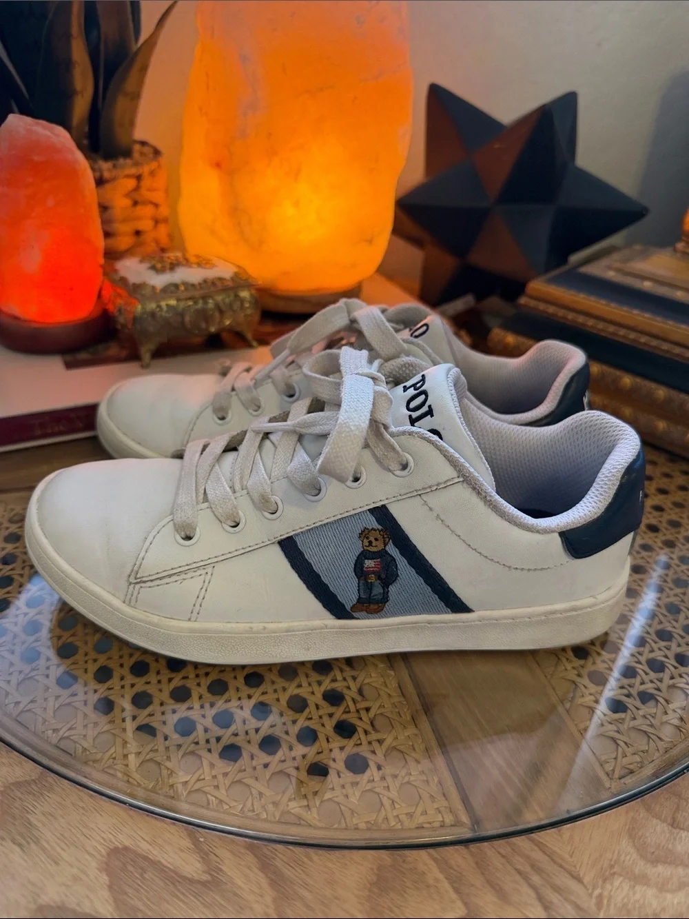 Polo by Ralph Lauren Kids White Sneakers with Navy Stripe and Bear